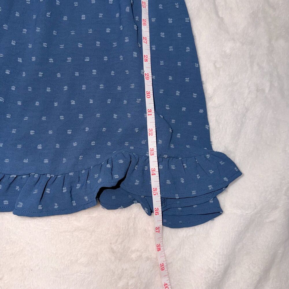 Dusty Blue Swiss Dot Mini Dress XL Puff Sleeve Smocked Open Tie Back - Picture 7 of 7